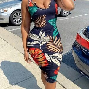 Multicolor Tropical Leaf Print Midi Dress